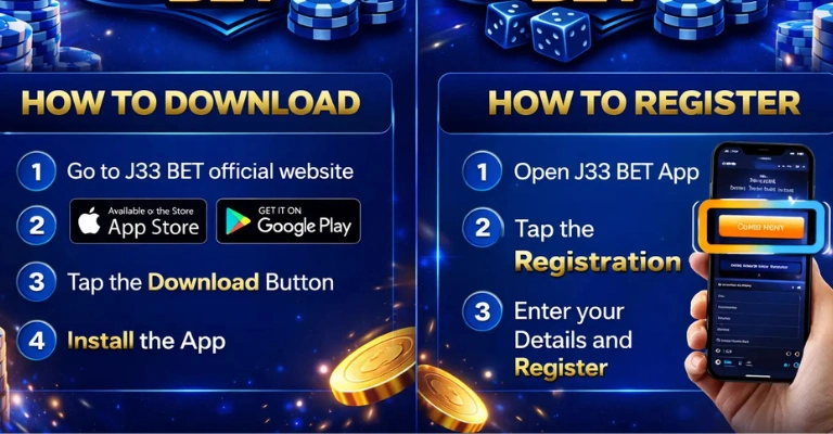 J33Bet Game Download Best (New Earning APK) 2025 4 J33 Bet app download and registration guide showing steps to install the app and create an account.