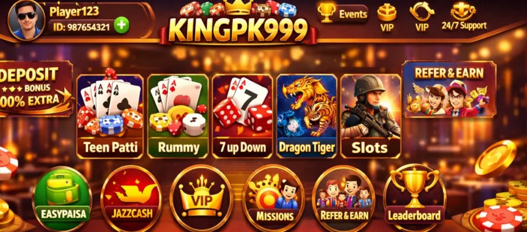 King PK999 Download: (Top Real Earning App) in 2025 2 KINGPK999 gaming app home screen showing multiple casino games like Teen Patti, Rummy, 7 Up Down, Dragon Tiger, Slots, along with deposit bonus, VIP, refer & earn, and payment options.