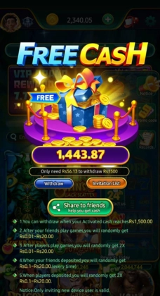KK Eagle Game Download |Latest Version v1.1.64| in Pakistan 2026 10 Lucky PK 777 Game Free Cash reward screen showing a gift box, gold coins, and a bonus amount of 1,443.87 with withdraw and invite options.