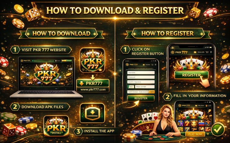 PKR 777 Game Download Real (Free Earning App) in 2025 3 PKR 777 Game how to download and register screen showing step-by-step app installation and account signup process.
