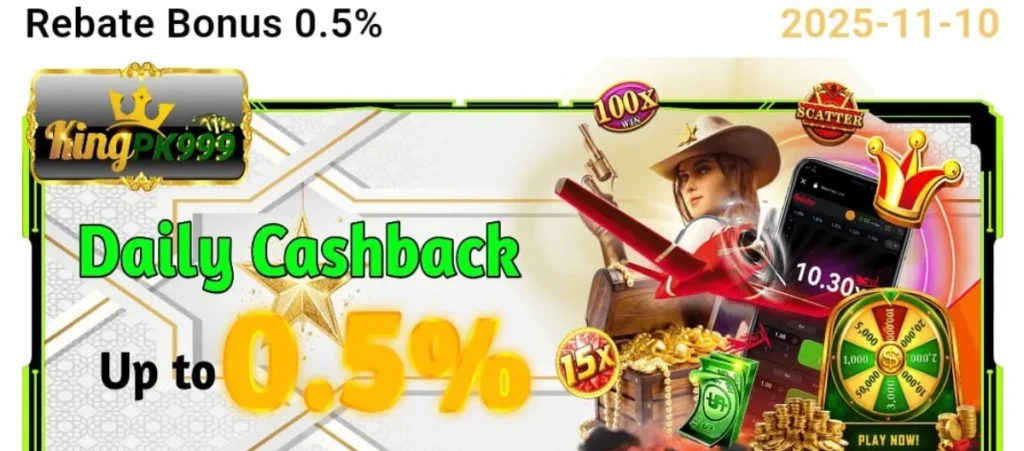 King PK999 Download: (Top Real Earning App) in 2025 9 Daily Cashback Rebate Bonus promotional banner for KingPK999 showing up to 0.5% rebate, a female game character with a hat, a mobile phone screen, gold coins, a reward wheel, and casino bonus symbols, dated 2025-11-10.
