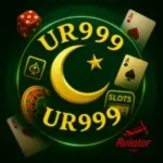 UR999 Game Download (Real Earning App) In 2025 1 Logo of UR999 Game featuring a golden crescent and star, surrounded by casino elements like cards, dice, roulette wheel, slots icon, and the Aviator symbol