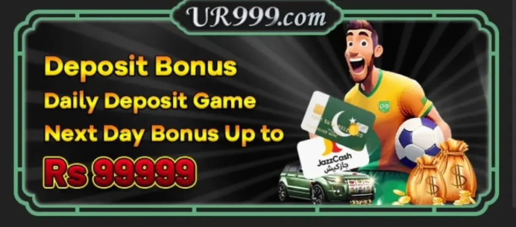 UR999 Game Download (Real Earning App) In 2025 3 UR999 Game deposit bonus banner showing Rs 99999 offer, daily deposit game details, JazzCash cards, and a cartoon football character
