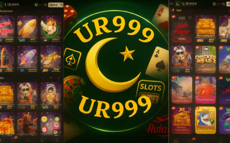 UR999 Game Download (Real Earning App) In 2025 2 UR999 Game interface showing casino games, slots icons, Aviator, and the central UR999 logo with a golden crescent and star
