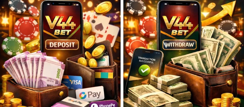 V44Bet Game Download Latest Version App in 2026 4 V44 Bet online casino app showing deposit and withdrawal options with mobile screens, wallets full of cash, coins, and payment methods.