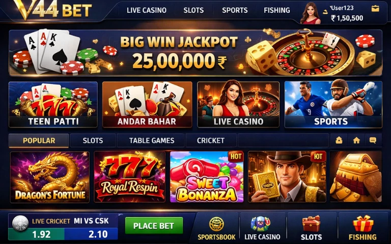 V44Bet Game Download Latest Version App in 2026 2 V44Bet game online casino game interface showing live casino, slots, sports betting, Teen Patti, Andar Bahar, jackpot banner, and betting options