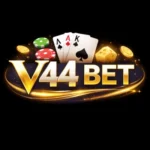 V44Bet Game Download Latest Version App in 2026 1 V44Bet game logo with golden text, playing cards, poker chips, dice, and glowing effects on a dark background