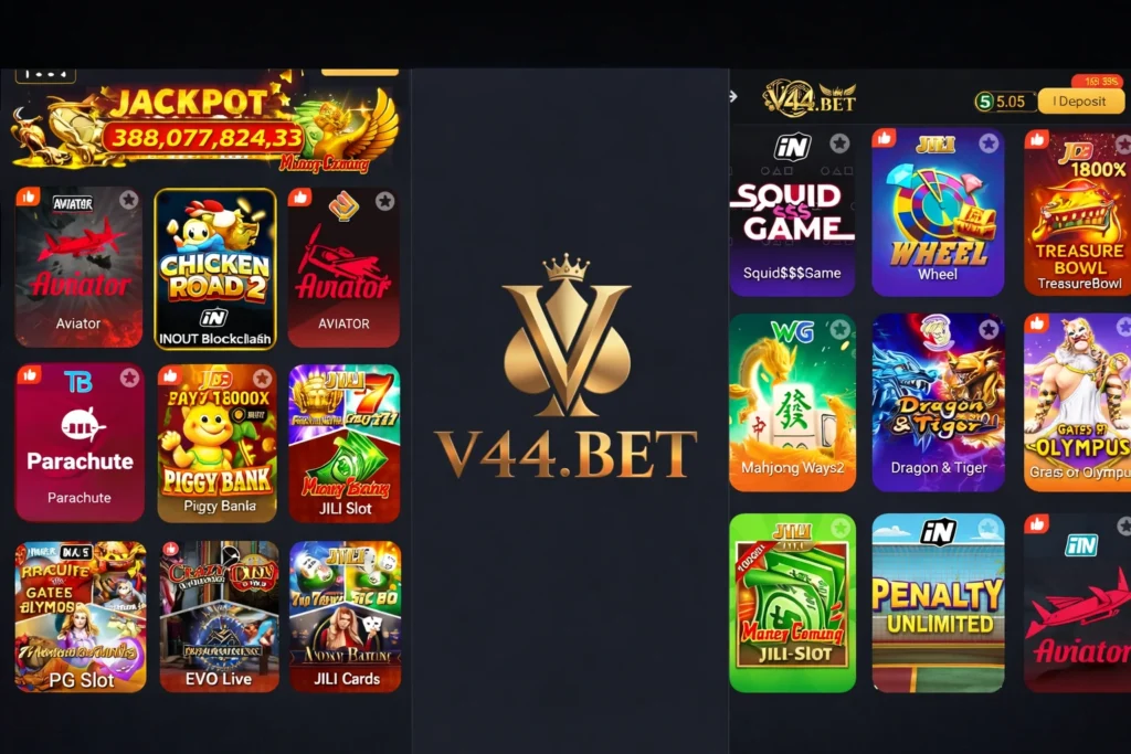V44Bet Game Download Latest Version App in 2026 3 V44Bet game online casino game lobby showing jackpot section, slot games, Aviator, Chicken Road, Piggy Bank, Mahjong Ways, Dragon & Tiger, and JILI slots