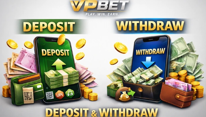 VPBet Game Download Best Earning App In 2026 4 VPBET game deposit and withdraw feature showing mobile phones with money stacks, coins, wallets, and cash transactions.