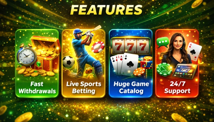 VPBet Game Download Best Earning App In 2026 3 VPBet Game features showing fast withdrawals, live sports betting, huge game catalog, and 24/7 customer support