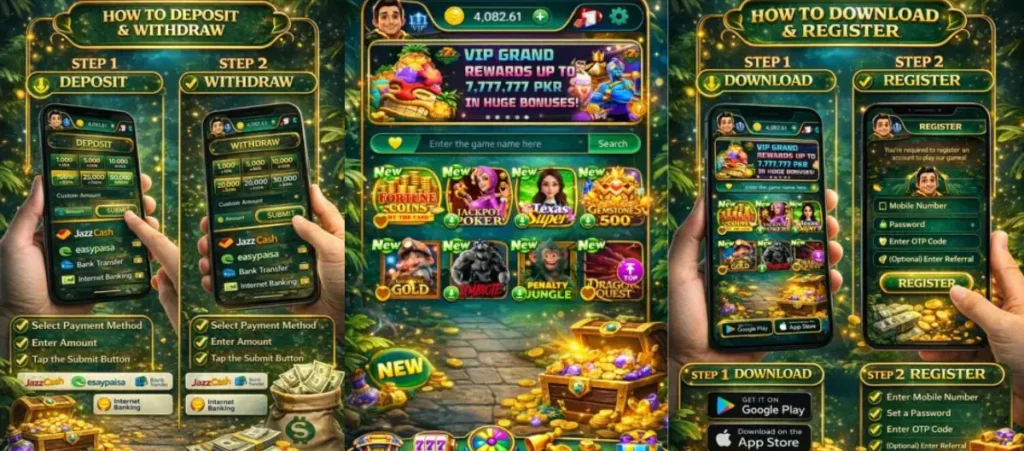 KK Eagle Game Download |Latest Version v1.1.64| in Pakistan 2026 3 Step-by-step guide image showing how to download, register, deposit, and withdraw in a mobile gaming app, displayed across multiple smartphone screens with clear instructions.