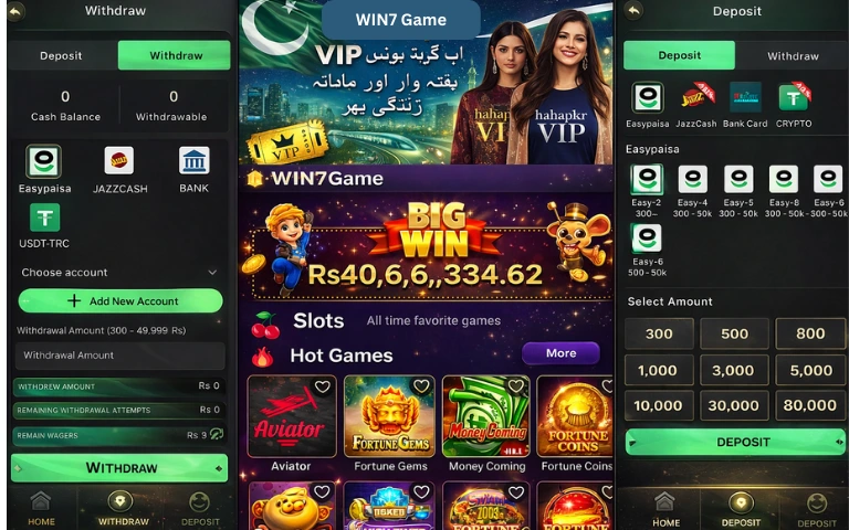WIN7 Game Download Latest (Online Earning APK) in 2025 4 Win7 Game app interface showing deposit and withdrawal options, VIP banner, big win amount, and multiple casino games.