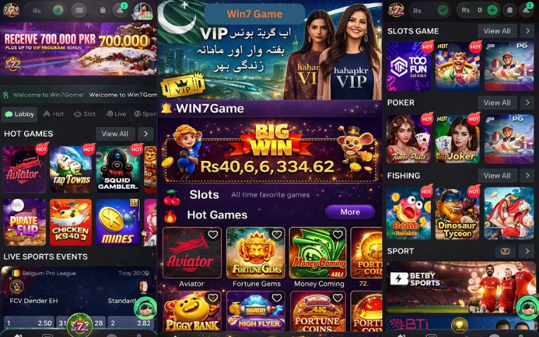 WIN7 Game Download Latest (Online Earning APK) in 2025 2 Win7 Game mobile casino app interface showing VIP banner, big win amount, and multiple slot, poker, fishing, and sports betting games.