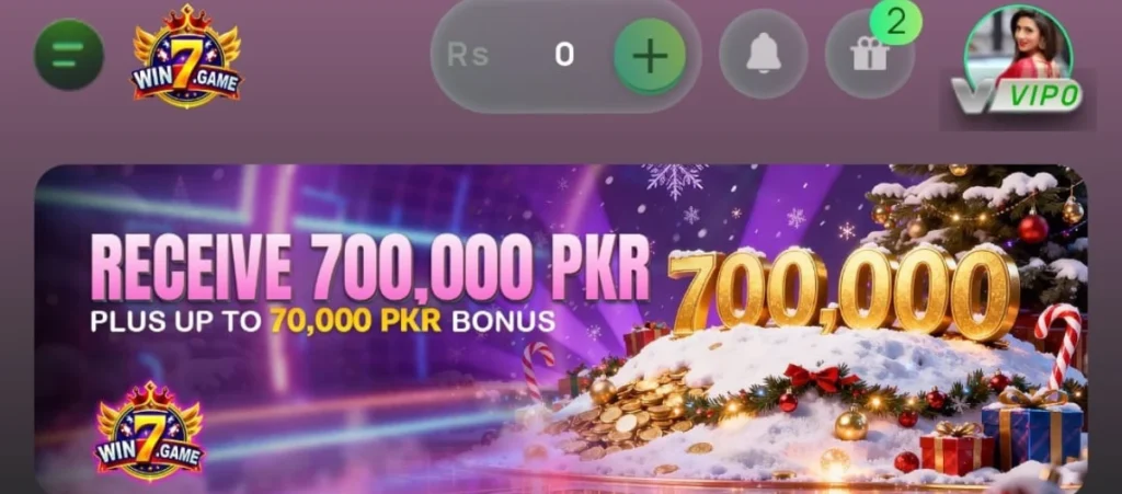 WIN7 Game Download Latest (Online Earning APK) in 2025 5 Win7 Game promotional banner offering receive 700,000 PKR with bonus, showing gold coins, gifts, and festive design.