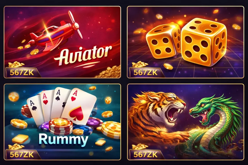 567ZK Game APK Download & Honest Review 2026 3 567ZK Game app showcasing popular games including Aviator, Dice, Rummy, and Dragon Tiger with colorful casino-style graphics