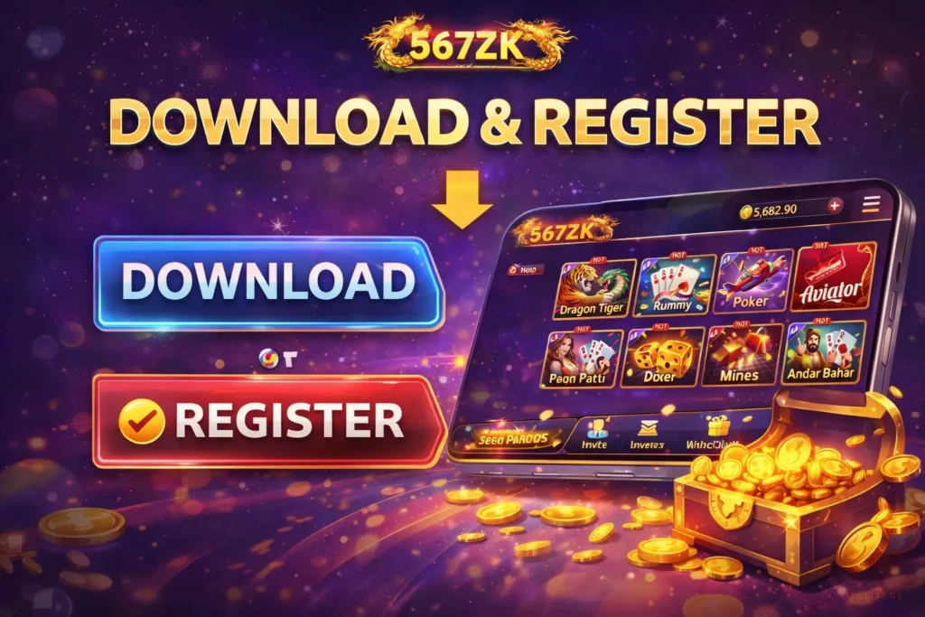 567ZK Game APK Download & Honest Review 2026 4 567ZK Game download and register screen showing app interface with popular games and signup options