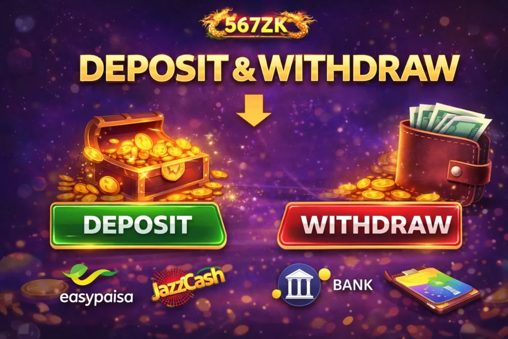 567ZK Game APK Download & Honest Review 2026 6 567ZK Game deposit and withdraw screen showing EasyPaisa, JazzCash, and bank payment options