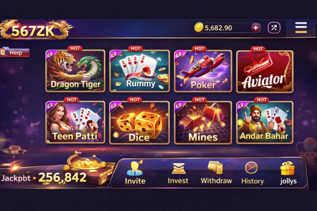 567ZK Game APK Download & Honest Review 2026 2 567ZK Game app home screen showing popular games like Dragon Tiger, Rummy, Poker, Aviator, Teen Patti, Dice, Mines, and Andar Bahar