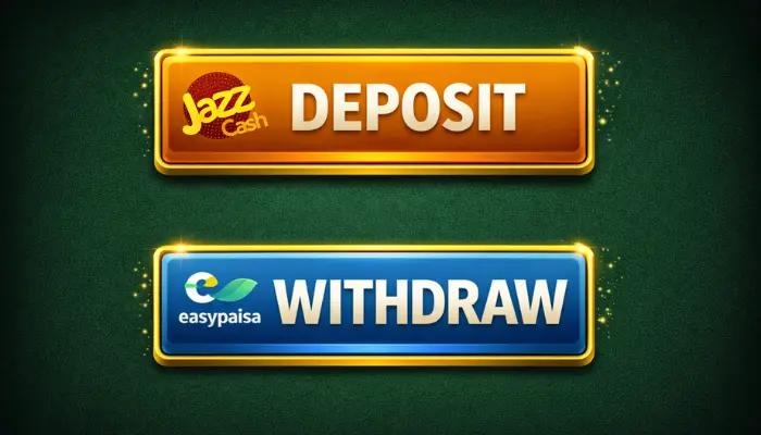 777 Lucky Game Download (Real Platform) Free In Pakistan 5 JazzCash Deposit and EasyPaisa Withdraw buttons with glowing gold borders on a dark green background.