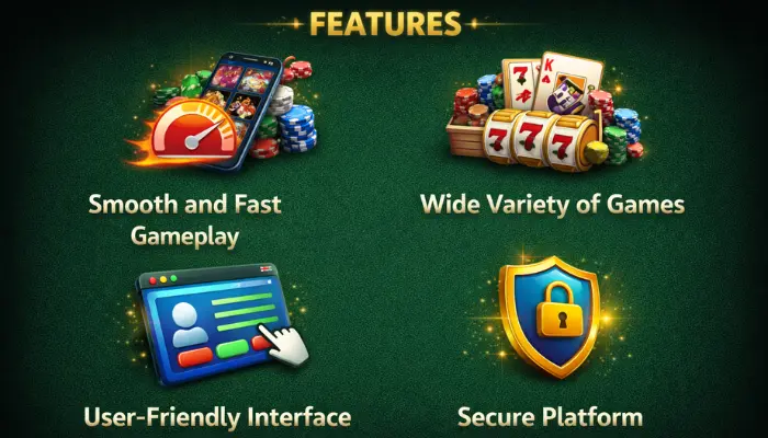 777 Lucky Game Download (Real Platform) Free In Pakistan 3 Features of 777 Lucky Game showing smooth and fast gameplay, wide variety of games, user-friendly interface, and secure platform with icons on a green background.