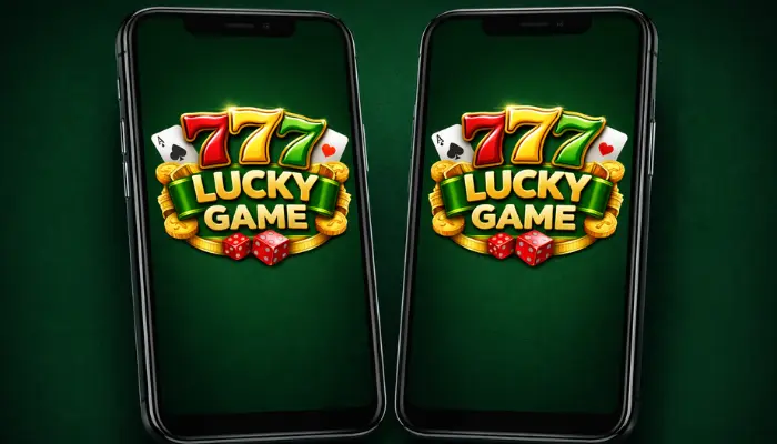 777 Lucky Game Download (Real Platform) Free In Pakistan 2 Two smartphones displaying the 777 Lucky Game logo with colorful slot numbers, playing cards, dice, and gold coins on a dark green background.