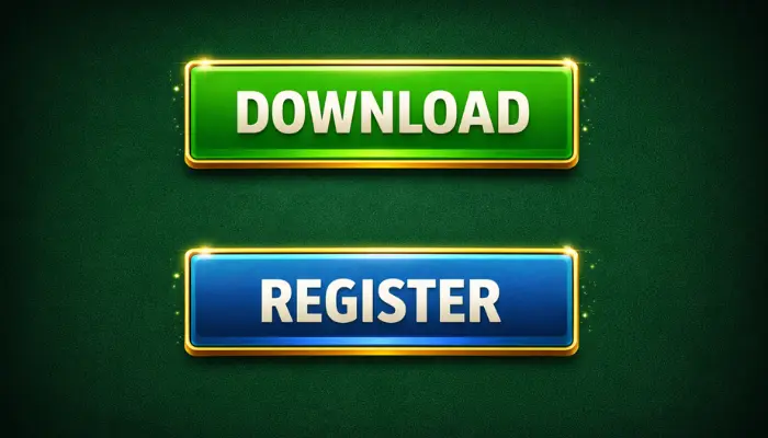 777 Lucky Game Download (Real Platform) Free In Pakistan 4 Download and Register buttons with green and blue glowing design on a dark background.
