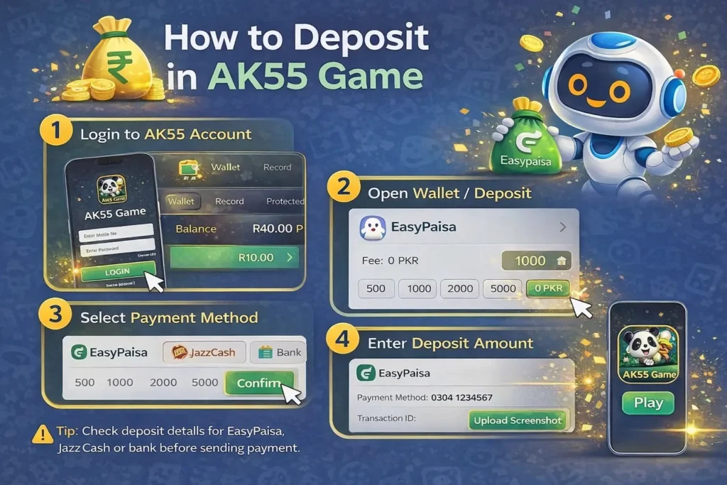 AK55 Game Download Real Earning App In 2026 8 How to Deposit in AK55 Game infographic showing login, open wallet deposit, select payment method, enter deposit amount and confirm via EasyPaisa or JazzCash