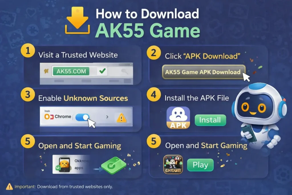 AK55 Game Download Real Earning App In 2026 6 How to Download AK55 Game infographic showing APK download steps like trusted website, APK button, enable unknown sources, install APK, and open app