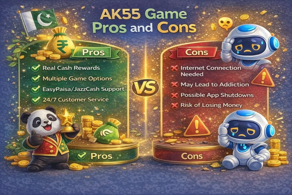 AK55 Game Download Real Earning App In 2026 12 AK55 Game pros and cons infographic showing advantages like rewards, multiple games, EasyPaisa JazzCash support and disadvantages like internet need and risk factors