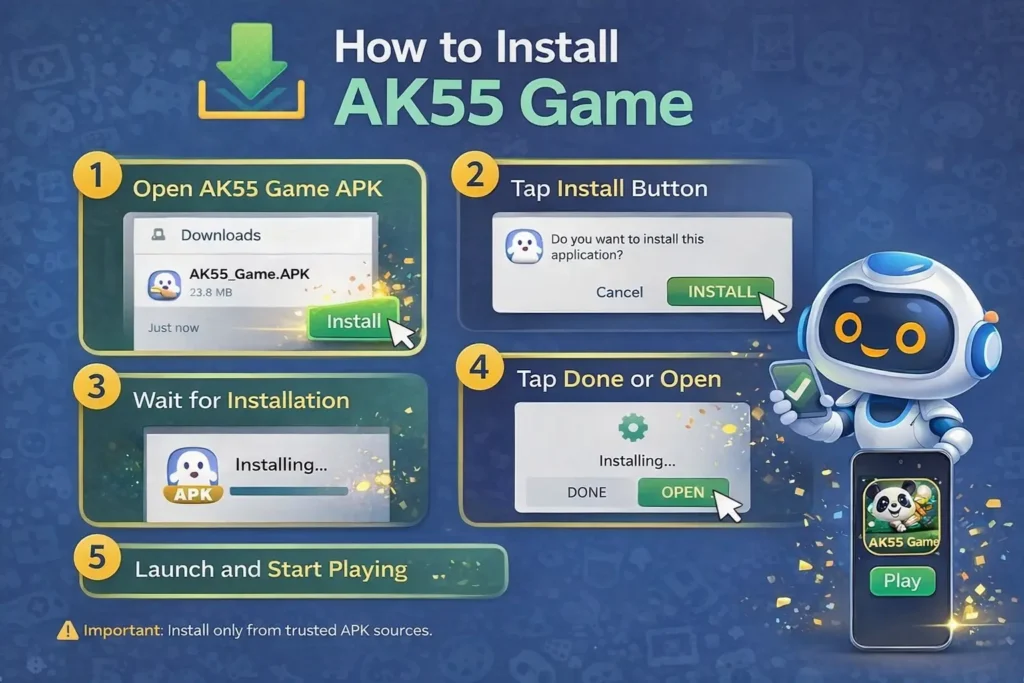 AK55 Game Download Real Earning App In 2026 7 How to Install AK55 Game infographic showing open APK file, tap install button, wait for installation, tap open, and start playing on Android