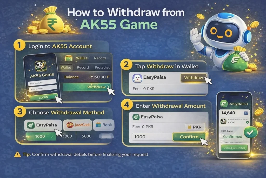 AK55 Game Download Real Earning App In 2026 9 How to Withdraw from AK55 Game infographic showing login, wallet withdraw option, choose EasyPaisa or JazzCash, enter withdrawal amount and confirm request