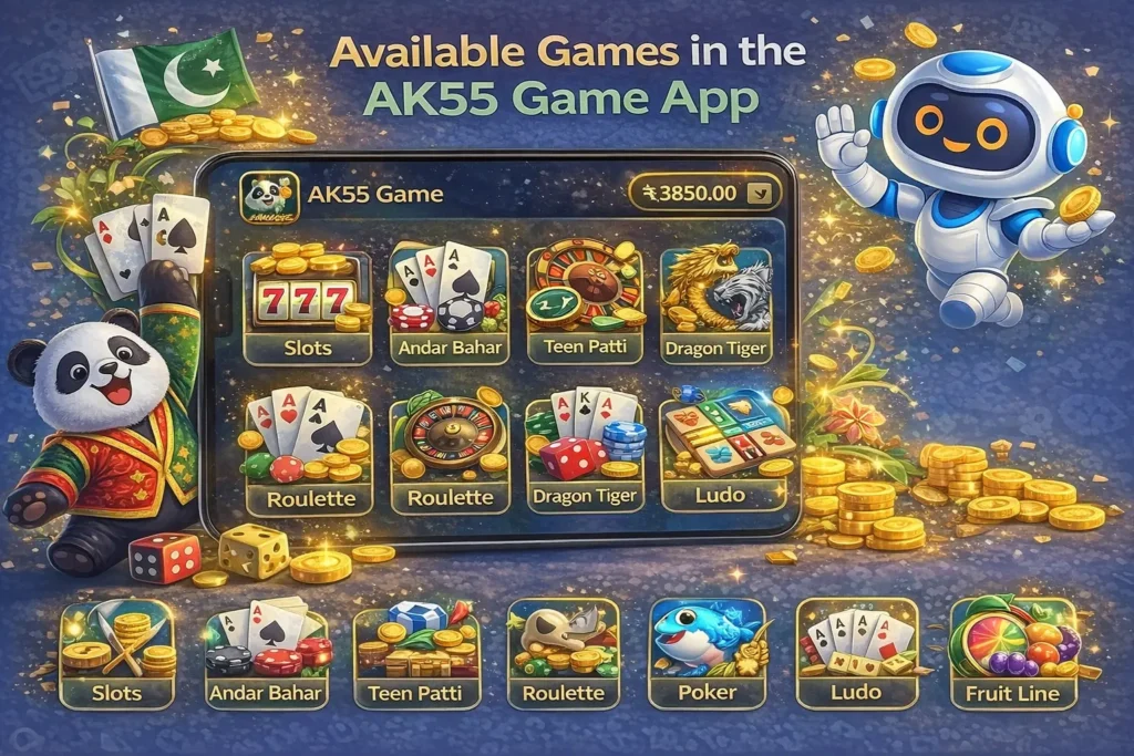 AK55 Game Download Real Earning App In 2026 11 Available Games in the AK55 Game App infographic showing slots, andar bahar, teen patti, roulette, poker, ludo and fruit line game icons