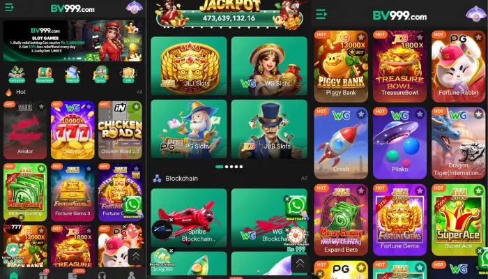 BV999 Game: Trusted Pakistani Platform to Earn Rewards 4 BV999.com gaming app interface displaying multiple casino-style games including slots, crash, plinko, piggy bank, treasure games, blockchain games, and jackpot section.