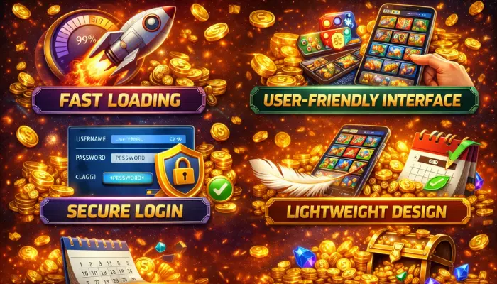 BV999 Game: Trusted Pakistani Platform to Earn Rewards 3 BV999 casino-style game feature image showing fast loading, user-friendly interface, secure login, lightweight design, and daily rewards with coins and mobile gameplay visuals.