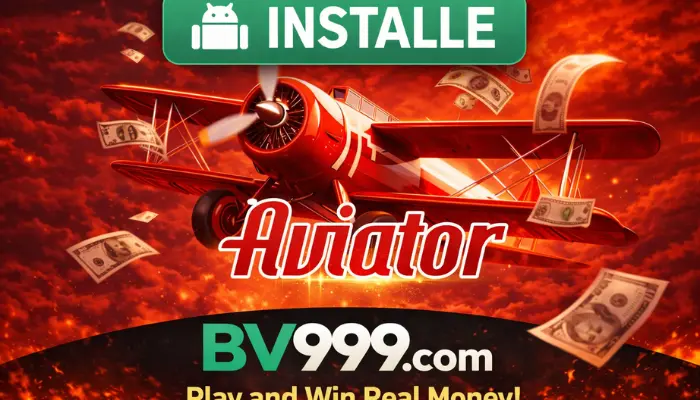 BV999 Game: Trusted Pakistani Platform to Earn Rewards 6 Aviator betting game banner showing a red airplane flying through fiery clouds with floating dollar bills, an Install button at the top, and BV999 branding at the bottom.