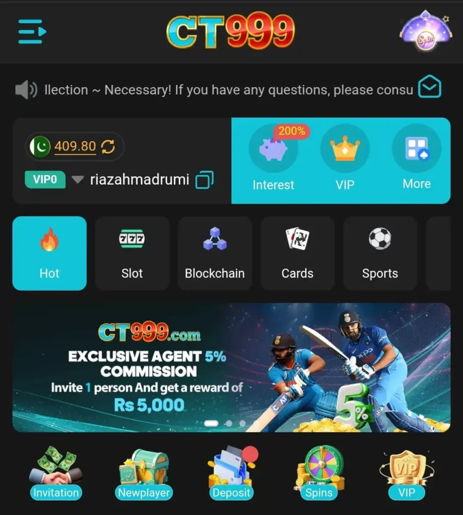 CT999 Game Download: Best New Earning App in 2026 3 CT999 Game app home screen showing VIP panel, wallet balance, and game categories like Hot, Slot, Blockchain, Cards, and Sports with invite reward banner.
