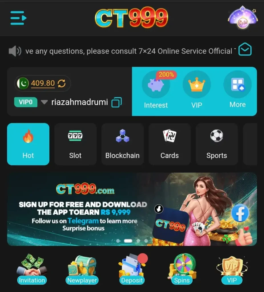CT999 Game Download: Best New Earning App in 2026 2 CT999 Game app dashboard showing wallet balance, VIP options, and game categories like Slot, Blockchain, Cards, and Sports.