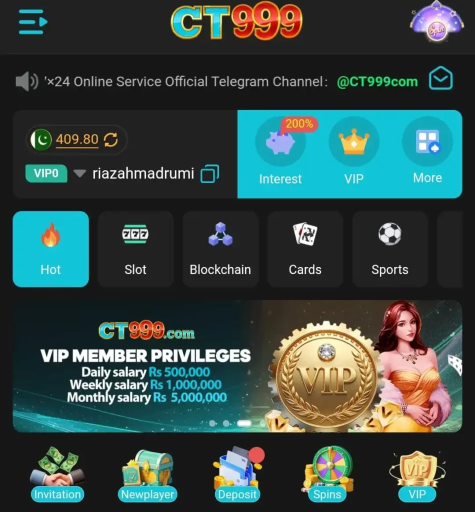 CT999 Game Download: Best New Earning App in 2026 4 CT999 Game VIP dashboard showing wallet balance, VIP member privileges banner, and game categories like Hot, Slot, Blockchain, Cards, and Sports.