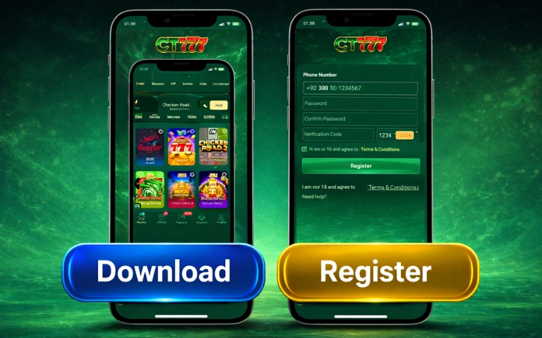 CT777 Game Download Best Earning App In 2026 3 CT777 casino game download and register screen shown on two mobile phones