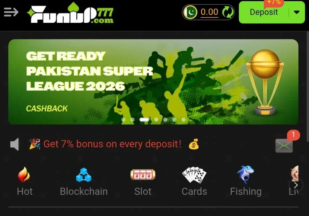 Funup777 Download Best (Real Earning Platform) in 2026 2 Funup777.com app home screen showing deposit button, cashback banner, and game categories