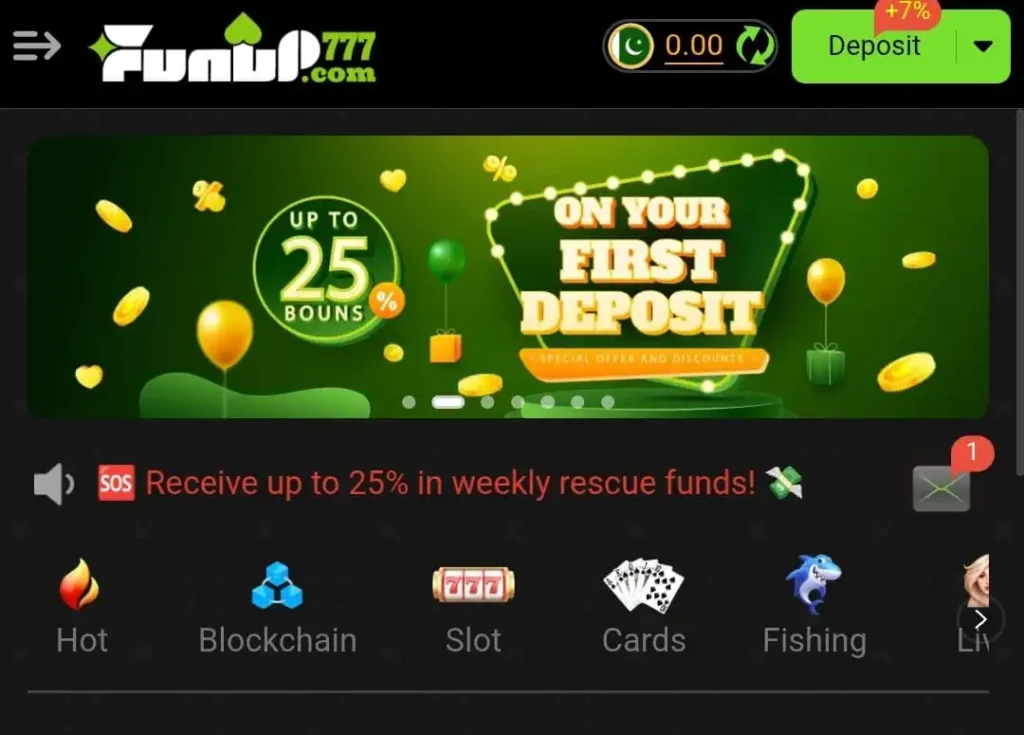 Funup777 Download Best (Real Earning Platform) in 2026 3 Funup777.com app screen showing first deposit bonus up to 25% and weekly rescue funds offer