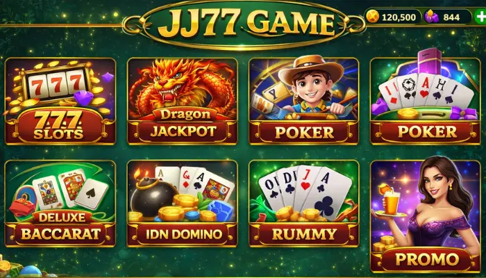 JJ77 Game Download APK Free Earning App In Pakistan 2 JJ77 Game main interface showing multiple casino games like 777 Slots, Dragon Jackpot, Poker, Baccarat, Rummy, and promo section.