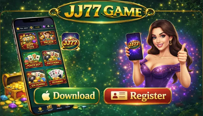 JJ77 Game Download APK Free Earning App In Pakistan 5 JJ77 Game download and register screen showing mobile app interface, signup option, and game icons.