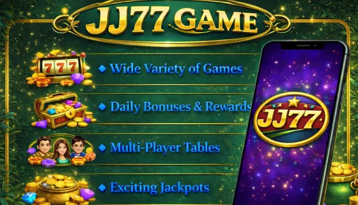 JJ77 Game Download APK Free Earning App In Pakistan 3 JJ77 Game promotional banner showing a mobile app interface, blue feature text, gold icons, and a dark green background.