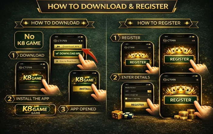 K8 Game Download Best (Real Online Earning App) 2026 3 K8 Game download and register guide showing step by step APK download, install process, and account registration on mobile