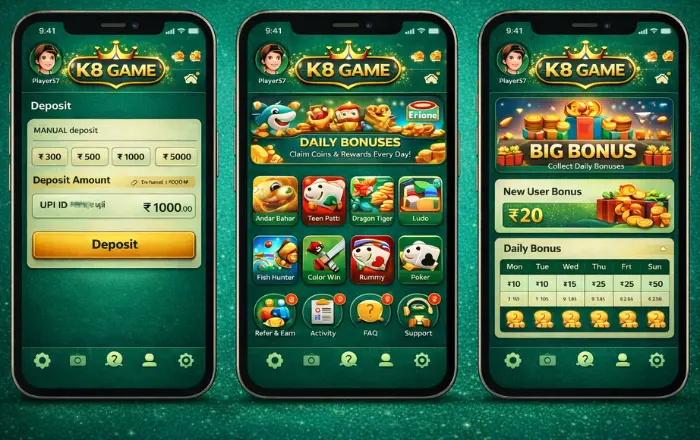 K8 Game Download Best (Real Online Earning App) 2026 2 K8 Game app interface showing deposit screen, daily bonuses, big bonus offer, and multiple casino games on mobile
