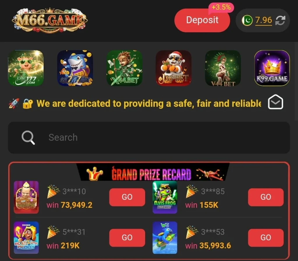M66 Game Download: Best (Earning App) In Pakistan 2026 3 M66 Game app dashboard screenshot showing deposit button, search bar, game icons, and grand prize reward section with winning amounts