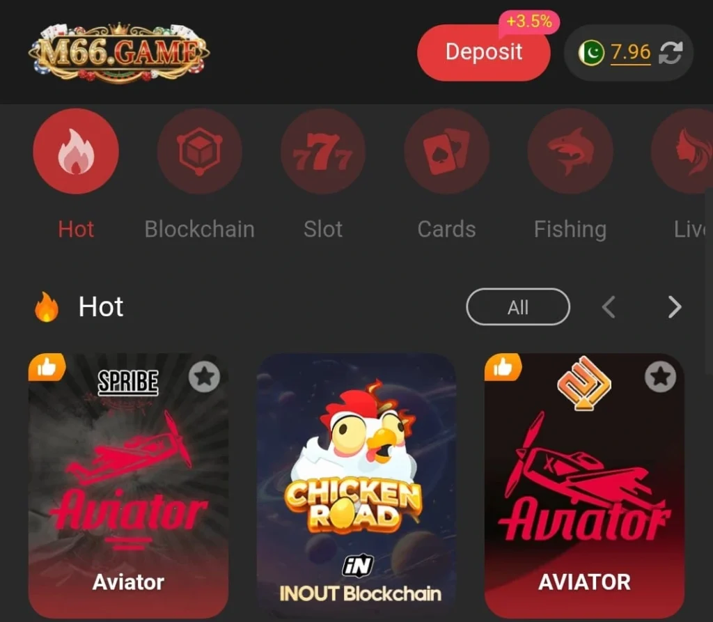 M66 Game Download: Best (Earning App) In Pakistan 2026 2 M66 Game app interface screenshot showing deposit button, game categories, and popular games like Aviator and Chicken Road on the home screen