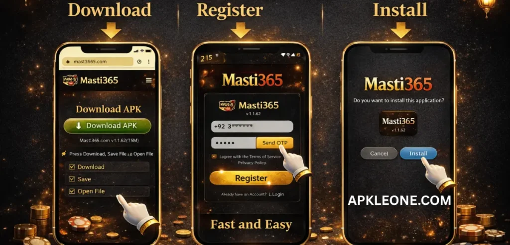 Masti365 Game Download: Best And Latest Earning App 2026 3 Masti365 Game download, register, and install process shown on three mobile screens step by step.
