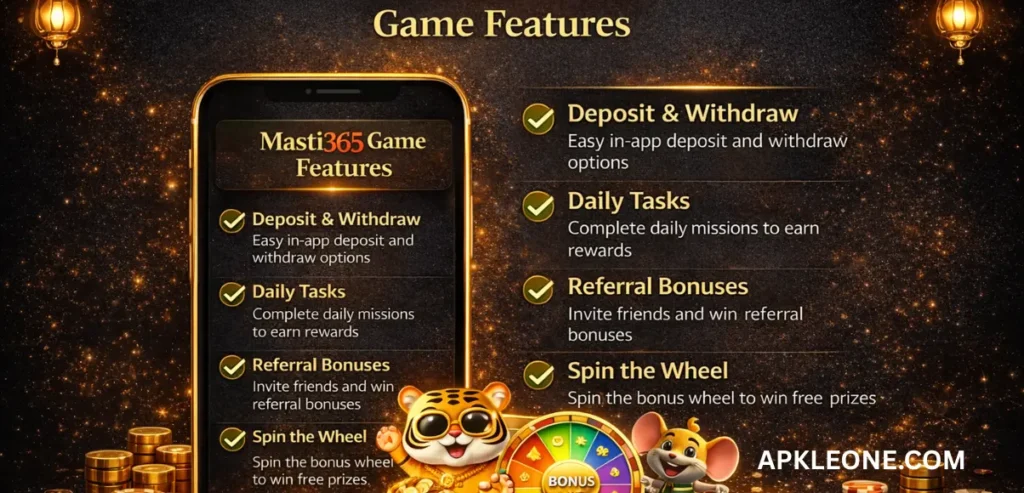 Masti365 Game Download: Best And Latest Earning App 2026 2 Masti365 Game features poster showing Deposit & Withdraw, Daily Tasks, Referral Bonuses, and Spin the Wheel options.